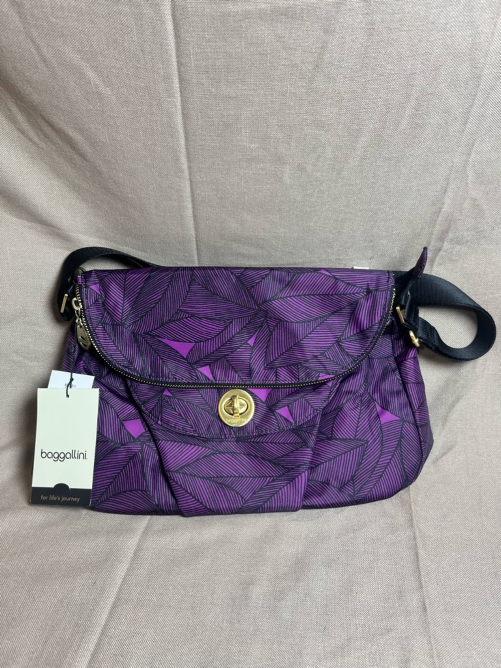 Baggallini Purple Leaf Print Crossbody with Gold Turn-Lock